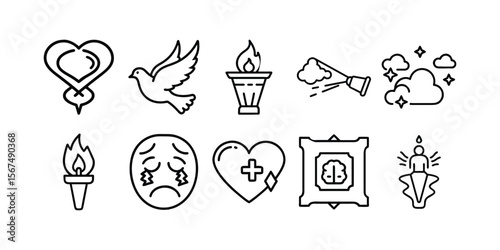 Dia dos Finados Icon Set – Spiritual & Emotional Icons, Silhouette, Line Art, Vector Bundle
