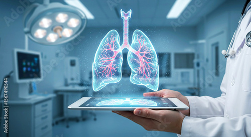 Doctor holding tablet displaying holographic lungs in a modern medical examination room setting scene