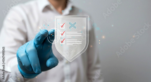 Hand in glove touching shield with checklist and x mark on a white background in a modern setting