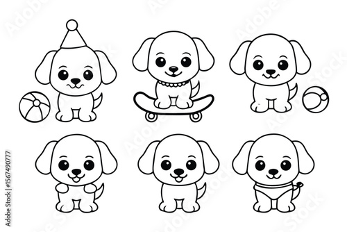 Six cute puppies with accessories dogs cartoon