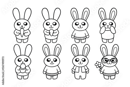 Cute cartoon rabbits holding carrots ice cream flowers and wearing clothes bunny illustration