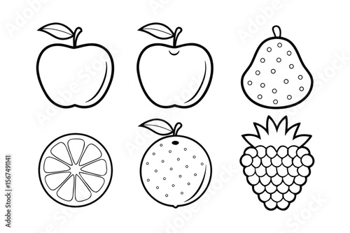Simple line art fruits including apples pears citrus and berries vector
