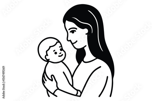 Mother holds her baby gently looking at each other with love and care line art vector illustration