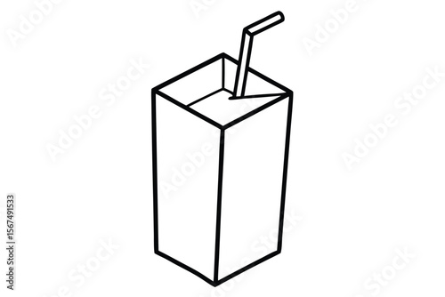 Milk carton with straw in simple line art design vector illustration