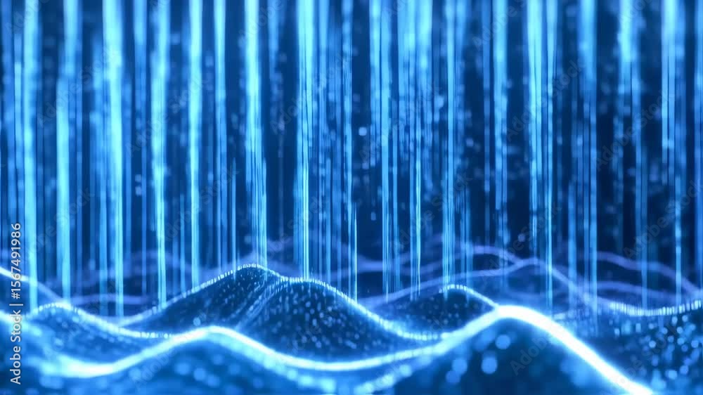 Abstract blue futuristic technology background with glowing light rays and data waves