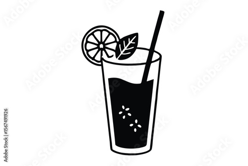 Refreshing cocktail drink with mint and lime line art vector illustration