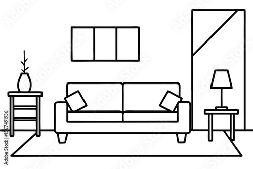 Interior design drawing of a living room line art vector illustration