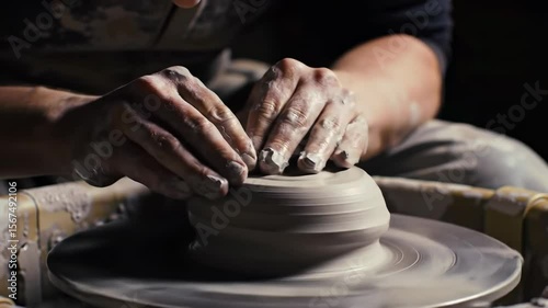 Closeup hands shaping clay on a pottery wheel artistic creation