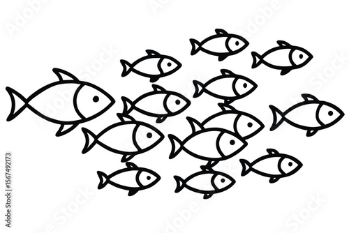 Black line drawing of a school of fish swimming black and white