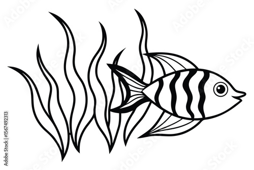 Striped fish swimming near seaweed aquatic