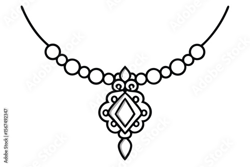 Ornate, necklace with pendant gems line art vector illustration