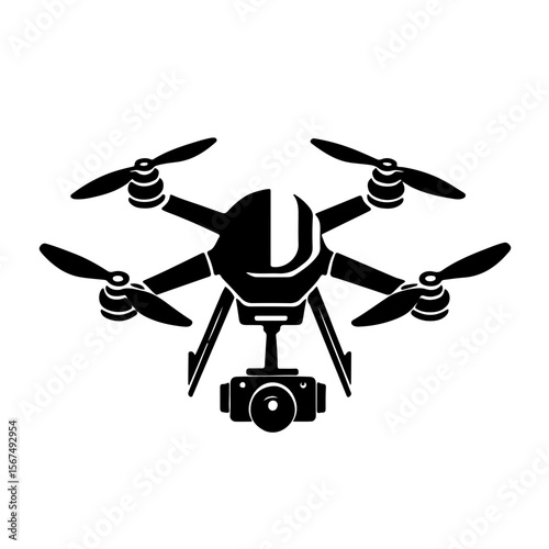 Drone with Camera Icon-Aerial Technology. A sleek, black silhouette icon of a quadcopter drone equipped with a camera. This versatile image represents modern aerial technology, videography, photograph