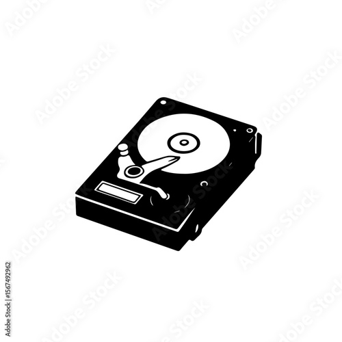Hard Disk Drive (HDD) Icon - Data Storage Solution. A clean, black and white icon illustration of an open hard disk drive (HDD), showcasing its internal components like the platter and read/write head