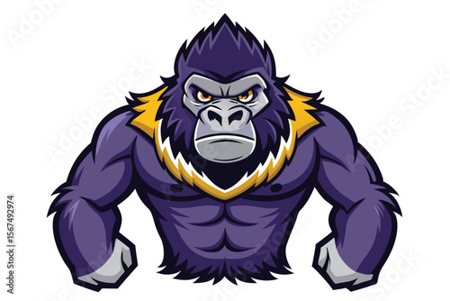 Powerful gorilla mascot stands with intense eyes and confident look, showing muscular body