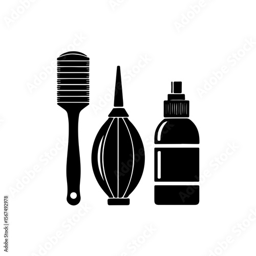 Hairdressing and Barbershop Tools Icon Set. A clean, black and white icon set featuring essential tools for hairdressing and barbershops. The set includes a classic barber's comb