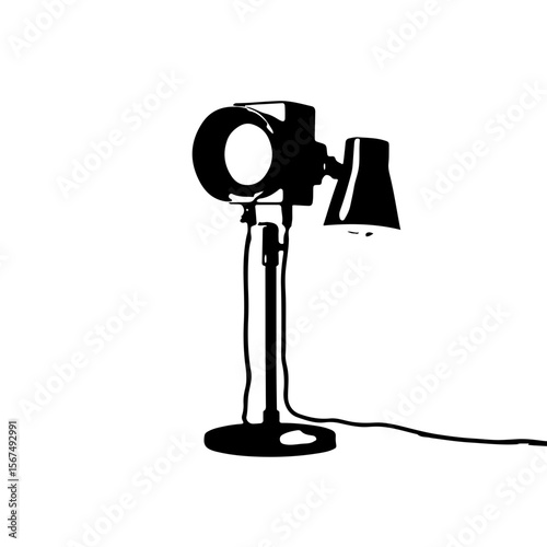 Modern Black Desk Lamp with Dual Lights on White Background. A sleek, minimalist black desk lamp featuring two distinct light sources