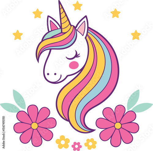 Cute cartoon unicorn head with a rainbow mane surrounded by stars and flowers isolated on transparent background