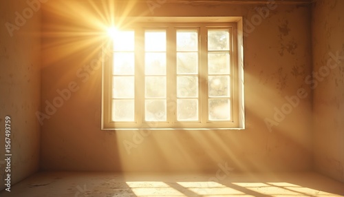Golden sun rays stream through dusty window panes illuminating empty room interior. Light shafts highlight airborne dust particles, creating atmospheric mood. Perfect for themes of solitude,