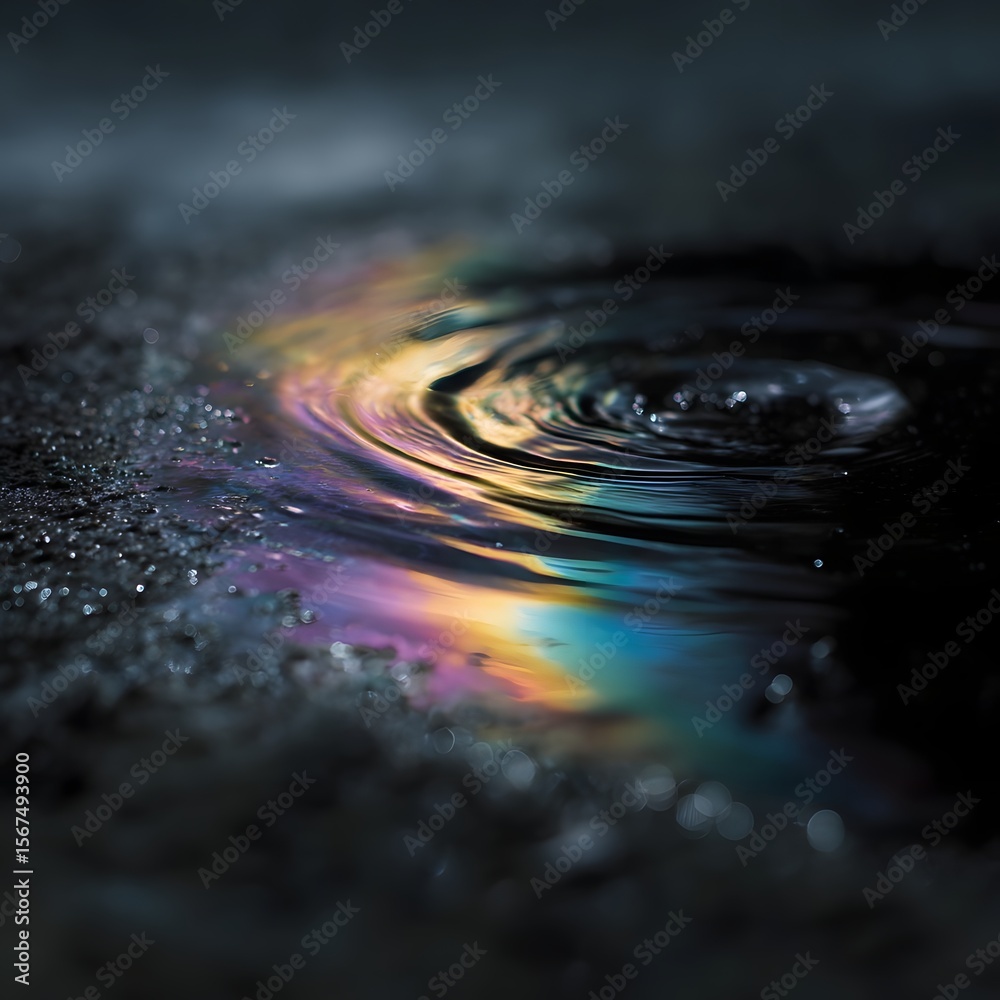 Fototapeta premium Swirling oil slick on water surface creates a mesmerizing rainbow sheen