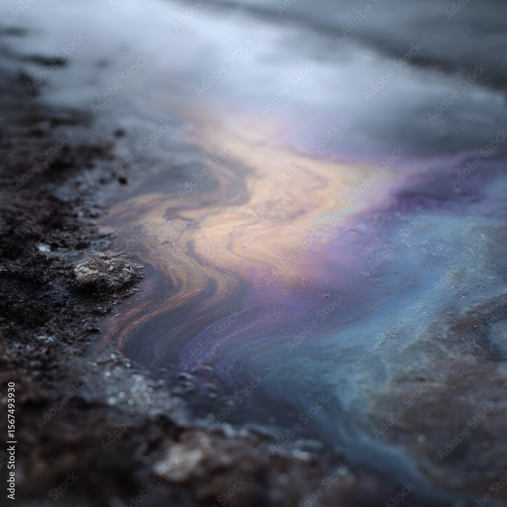 Fototapeta premium Colorful oil slick swirling on water surface in roadside drain