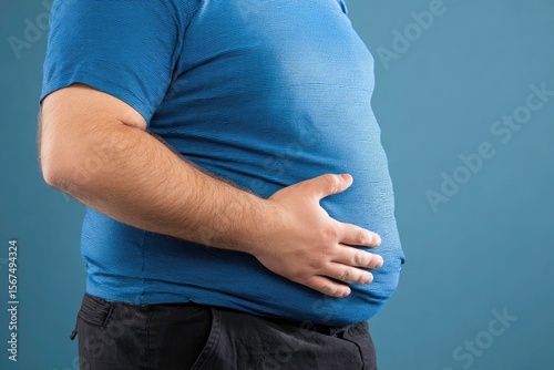 Overweight man holding his belly side view on blue background copy space