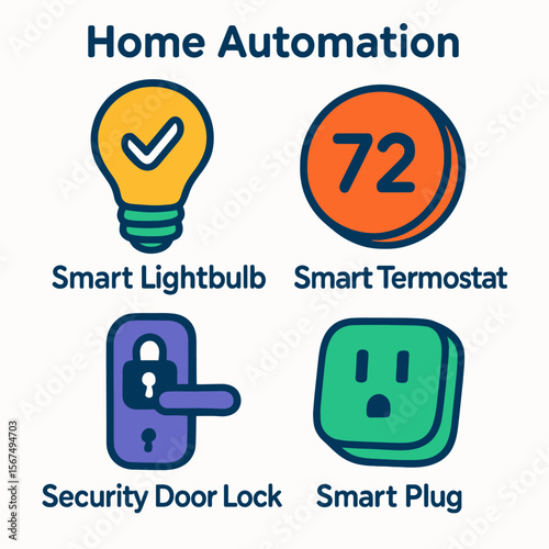 Four icons representing smart home automation devices.