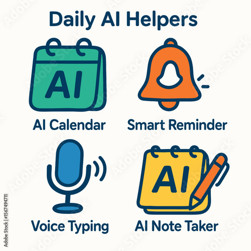 Four AI helper icons: calendar, reminder, voice typing, and note taker, showcasing daily digital assistance.