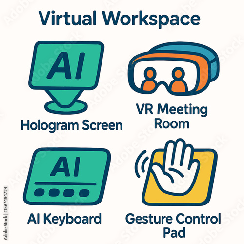 A virtual workspace utilizing AI, holographic displays, VR meetings, and gesture control.