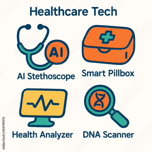 Four colorful icons representing healthcare technology innovations, including an AI stethoscope, smart pillbox, health analyzer, and DNA scanner.