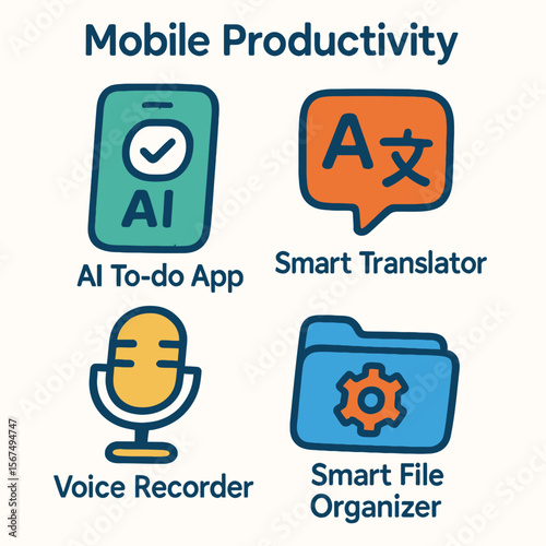 Mobile productivity apps: AI to-do list, smart translator, voice recorder, and smart file organizer.