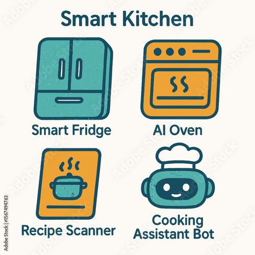 Smart kitchen appliances: AI oven, smart fridge, recipe scanner, and cooking assistant bot.