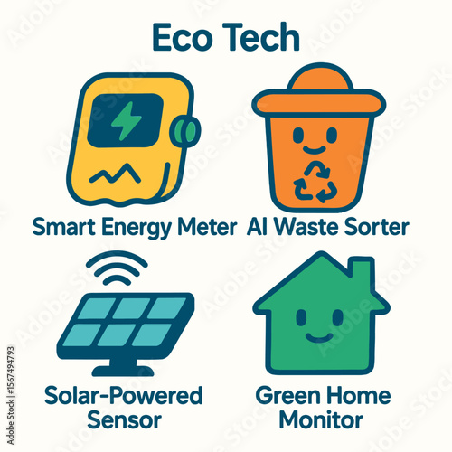 Cartoon illustration showcasing eco-friendly technology: smart energy meter, AI waste sorter, solar-powered sensor, and green home monitor.