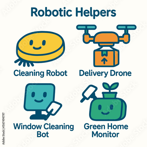 Four friendly robotic helpers: a cleaning robot, delivery drone, window cleaner, and a plant monitor.