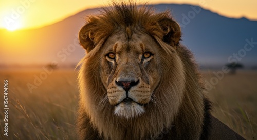Majestic male lion portrait against a vibrant african savanna sunset landscape