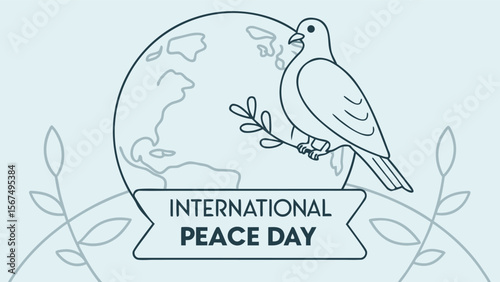 Serene minimalist line art illustration: dove perched on an olive branch beside a stylized Earth, celebrating International Peace Day; peaceful, hopeful, and globally-minded design.