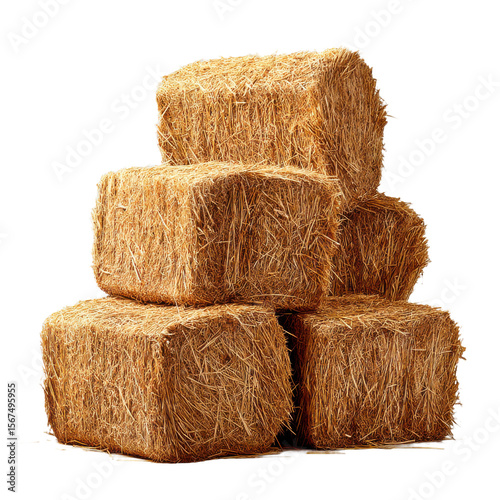 Stacked dry hay bales isolated, rural farm agriculture concept on transparent background


