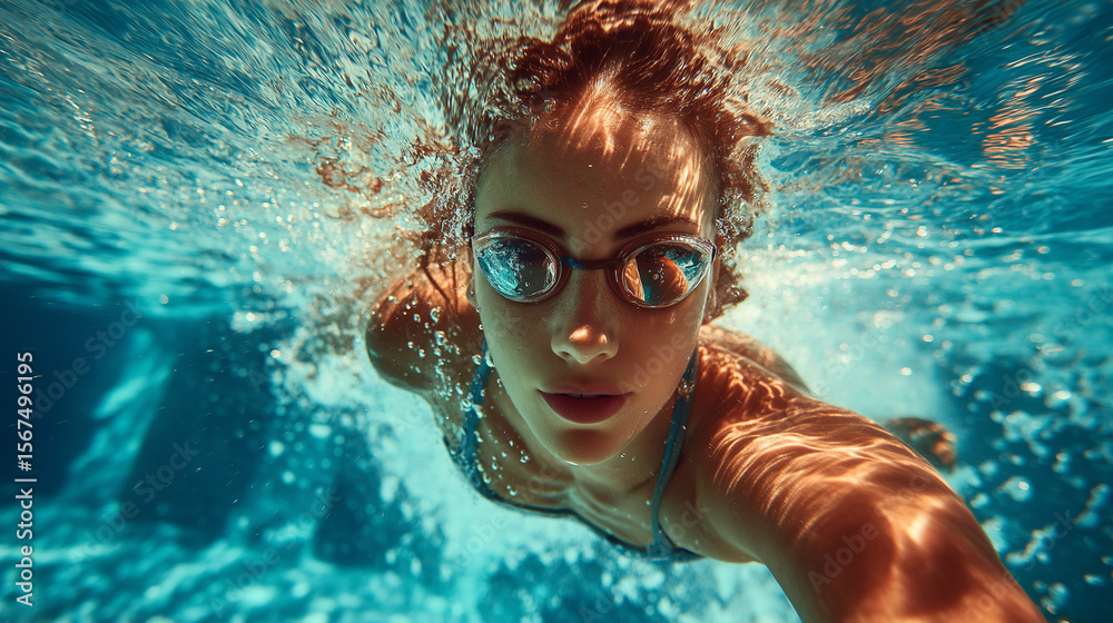 Naklejka premium close up woman swims in an pool , Close-woman's face underwater with hair floating. Summer activity concept, weightless aesthetic
