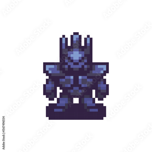 Pixel art of a blue-armored fantasy warrior character, RPGs or retro platformer games, bold design with strong silhouette for enemy or boss roles.