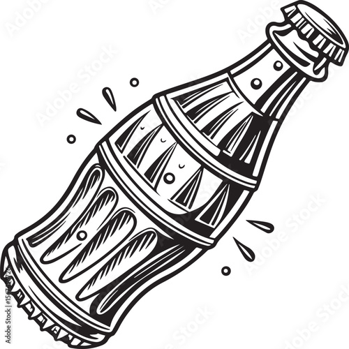 Vintage Soda Bottle Vector – Black and White Hand-Drawn Engraved Illustration of Retro Glass Drink
