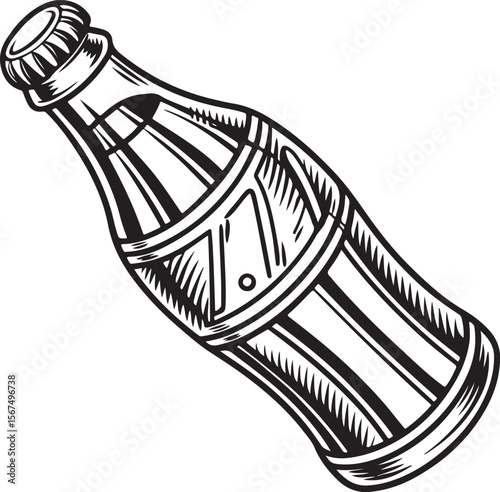 Vintage Soda Bottle Vector – Black and White Hand-Drawn Engraved Illustration of Retro Glass Drink