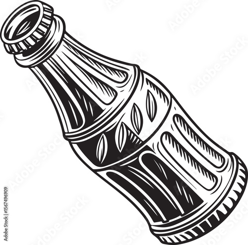 Vintage Soda Bottle Vector – Black and White Hand-Drawn Engraved Illustration of Retro Glass Drink