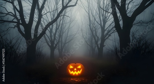  Jack-o'-Lantern Eerie Alone in Dark Foggy Forest Path