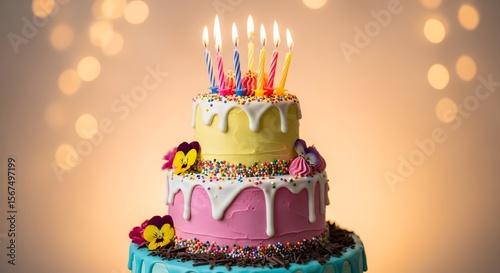 Birthday Cake Layered Festive with Candles on Golden Background