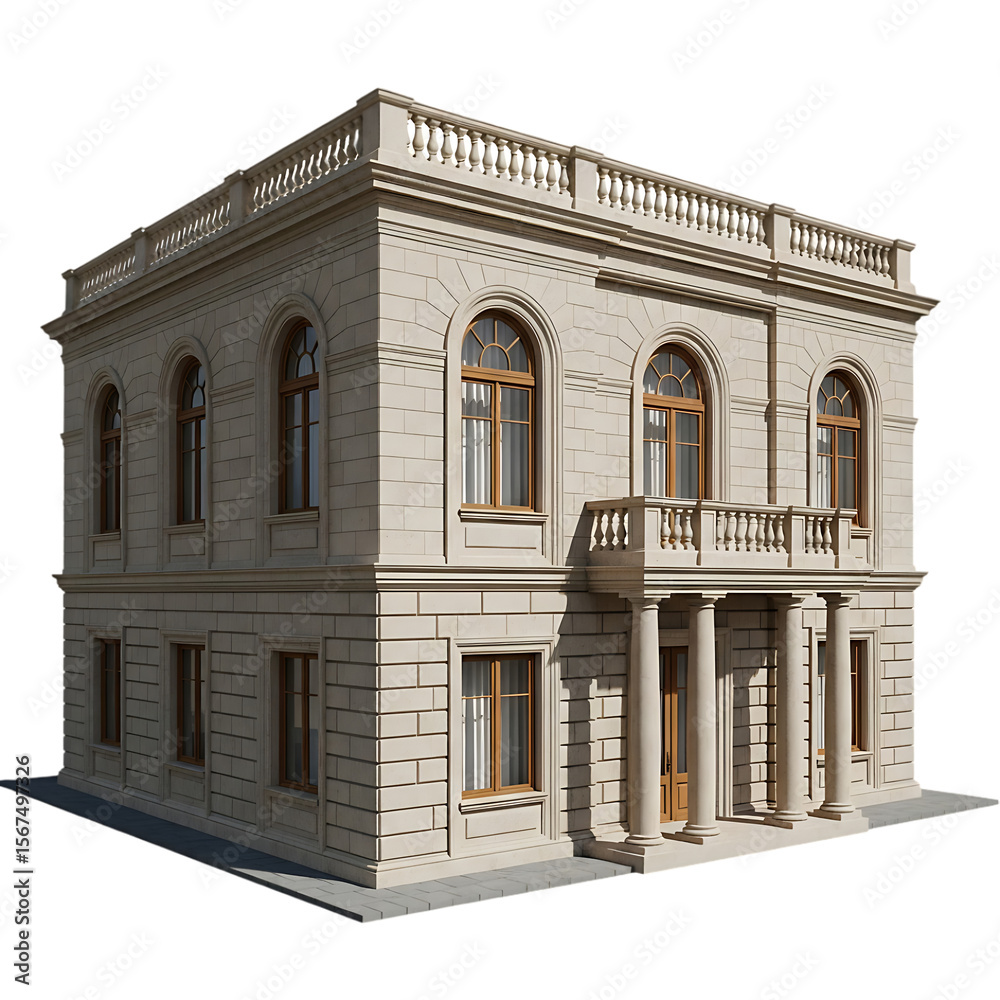 Obraz premium Elegant Two Story Building with Balcony and Arched Windows in a Classical Architectural Style on a Black Background