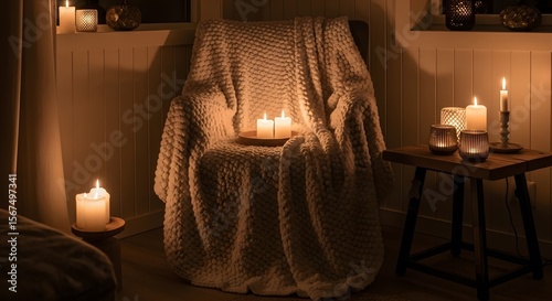  Armchair Tranquil Cozy Relaxing with Lit Candles in Dim Room