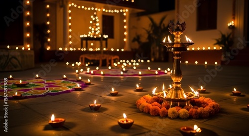 Brass diya lamps festive with marigolds and rangoli for Diwali celebration