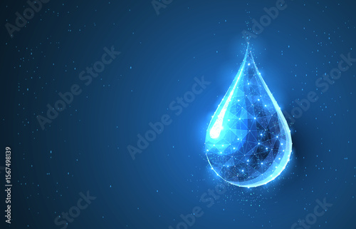 Drop. Low poly wireframe water drop on dark blue with dots and stars.
