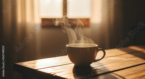 Steaming coffee peaceful on a wooden table by a window in morning sun
