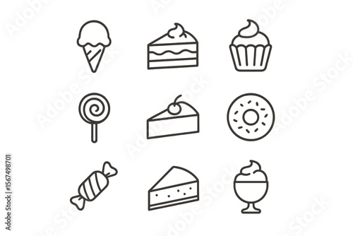 Variety of desserts featuring ice cream, cake, cupcakes, and candy arranged in a grid pattern for a festive display