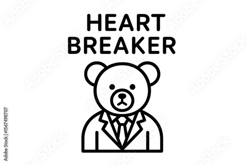 Cartoon bear dressed in a suit with heart breaker text in a minimalistic style, suitable for various graphic uses
